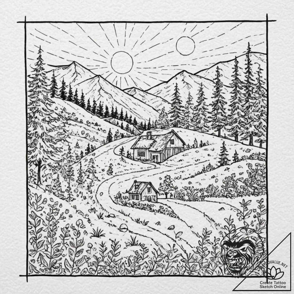 Tattoo sketch, quilted memory landscape, a ro... - tattoo sketch (№1752347645_0, 12.07.2025 19:14) — tattoovalue.net