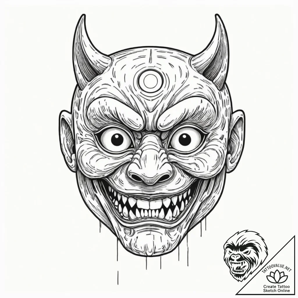 Tattoo sketch, yokai mask, ai glitch, a tradi... - tattoo sketch (№1752348661_0, 12.07.2025 19:31) — tattoovalue.net