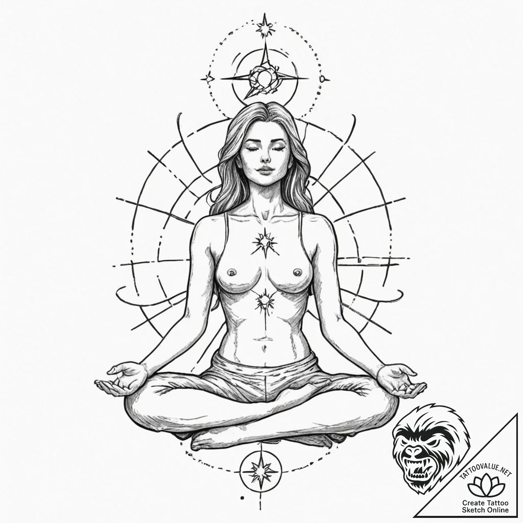 Tattoo sketch, zenith meditator, cosmic conne... - tattoo sketch (№1752350271_0, 12.07.2025 19:57) — tattoovalue.net