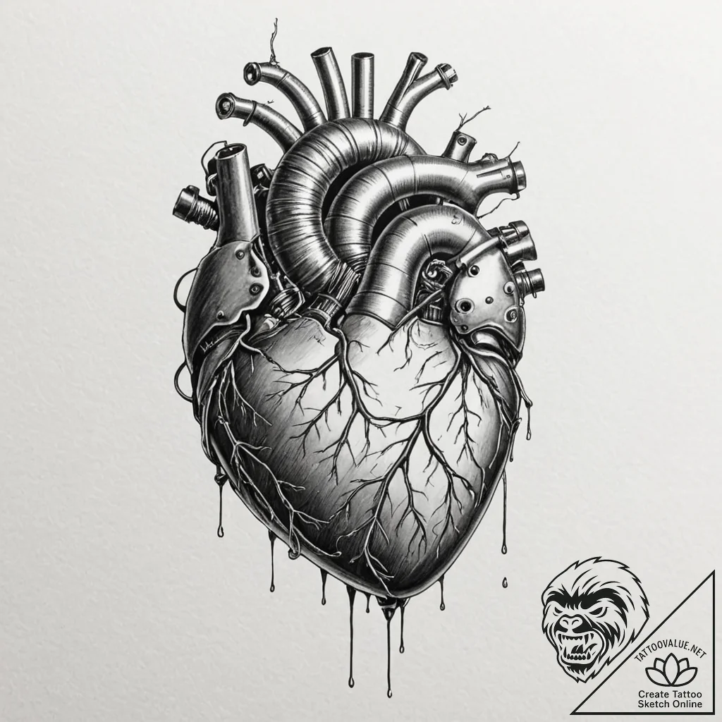 Tattoo sketch, cybernetic heart: a realistic... - tattoo sketch (№1752354336_0, 12.07.2025 21:05) — tattoovalue.net