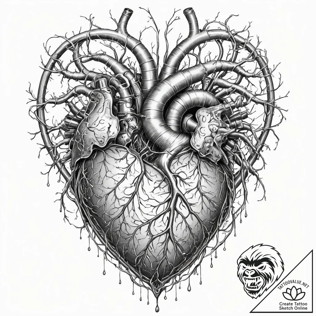 Tattoo sketch, transhuman heart, growing circ... - tattoo sketch (№1752354758_0, 12.07.2025 21:12) — tattoovalue.net