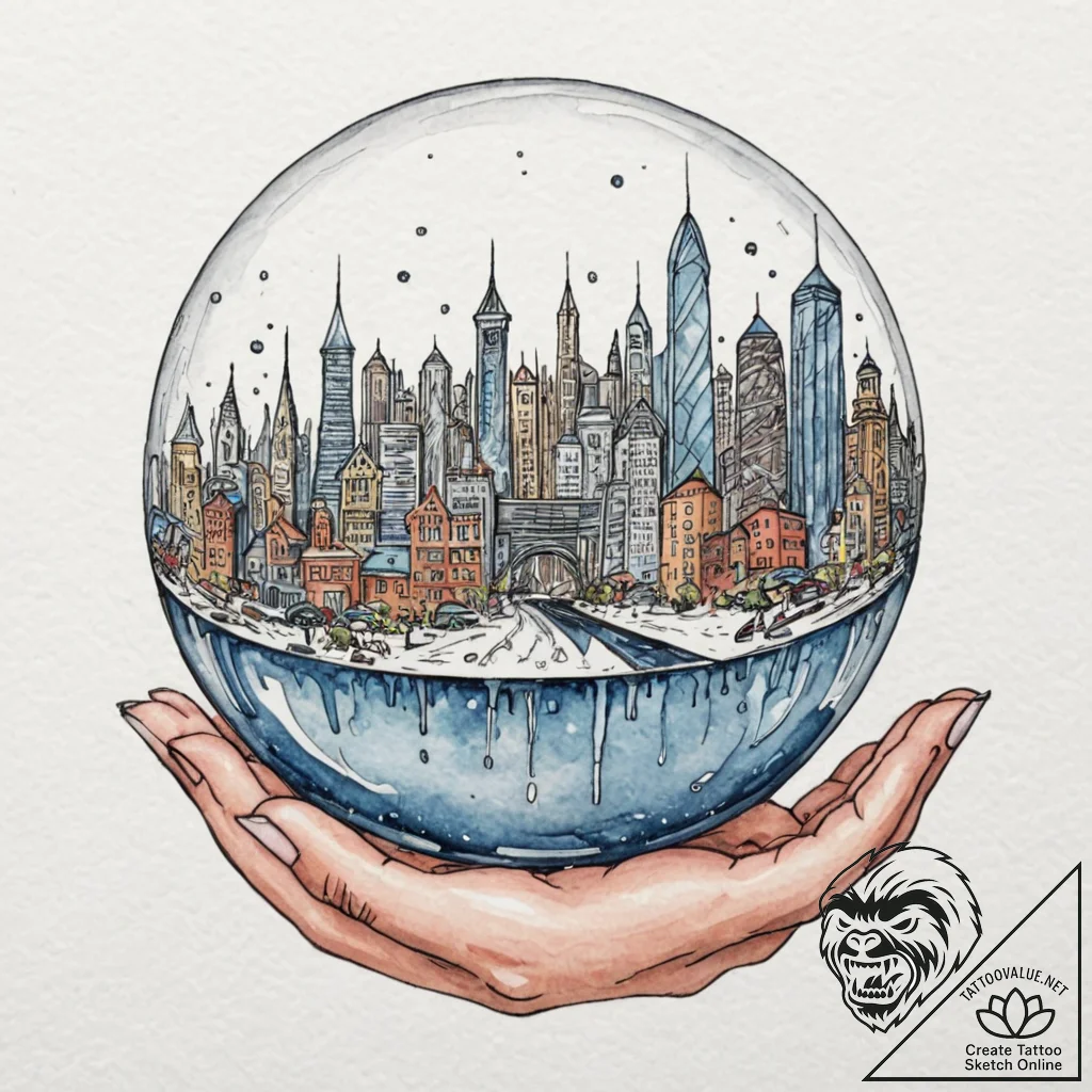 Tattoo sketch, cityscape in a crystal ball: a... - tattoo sketch (№1752354927_0, 12.07.2025 21:15) — tattoovalue.net