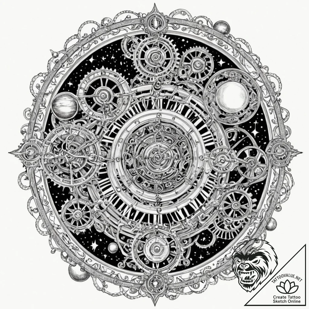 Tattoo sketch, cosmic clockwork: an intricate... - tattoo sketch (№1752356872_0, 12.07.2025 21:47) — tattoovalue.net
