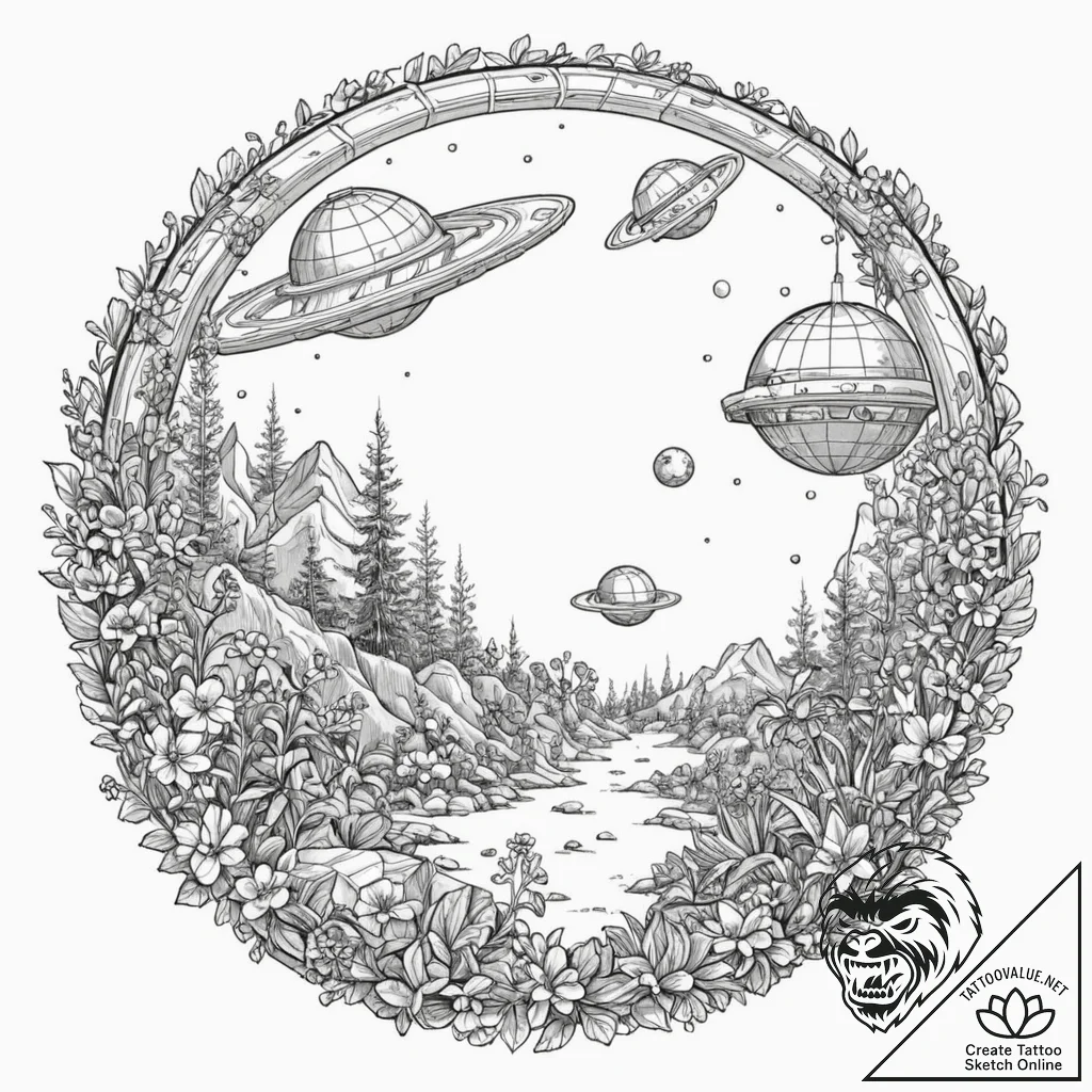 Tattoo sketch, orbital oasis garden, a miniat... - tattoo sketch (№1752357548_0, 12.07.2025 21:59) — tattoovalue.net
