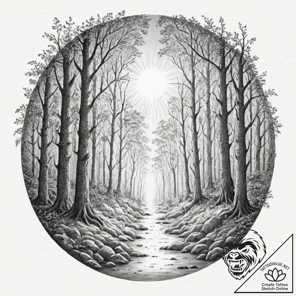 Tattoo sketch, forest glade, portal hidden, a... - tattoo sketch (№1752357718_0, 12.07.2025 22:01) — tattoovalue.net