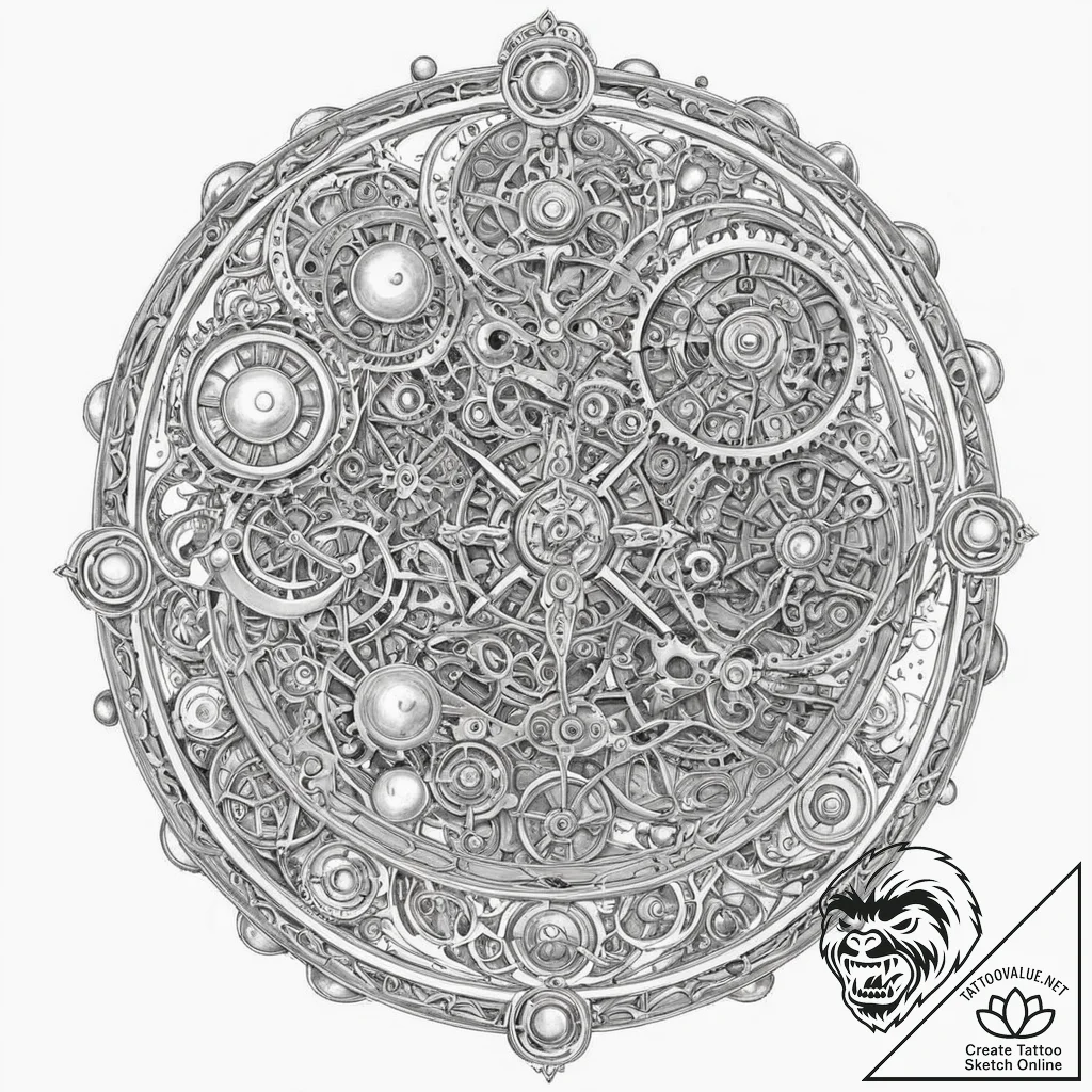 Tattoo sketch, cosmic clockwork: an intricate... - tattoo sketch (№1752358312_0, 12.07.2025 22:11) — tattoovalue.net