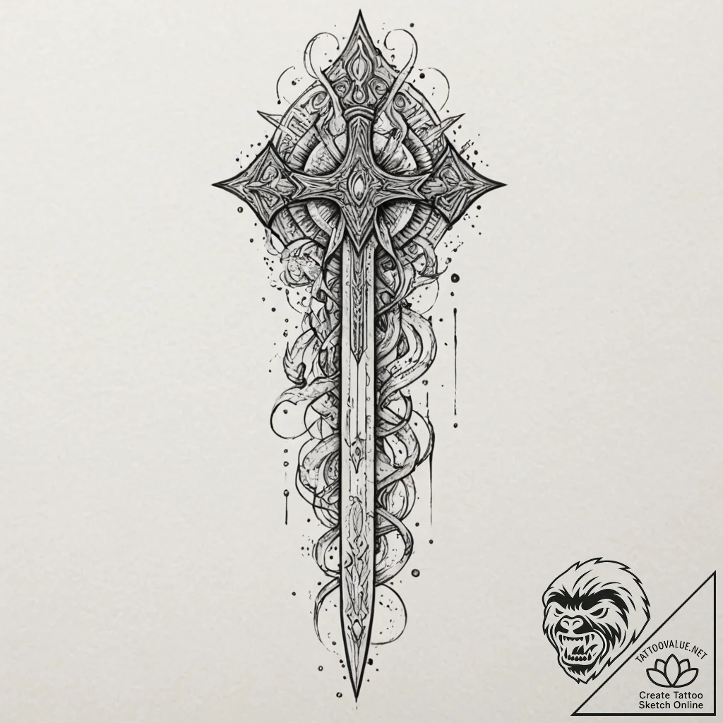 Tattoo sketch, x-caliber, code-forged, a lege... - tattoo sketch (№1752358819_0, 12.07.2025 22:20) — tattoovalue.net