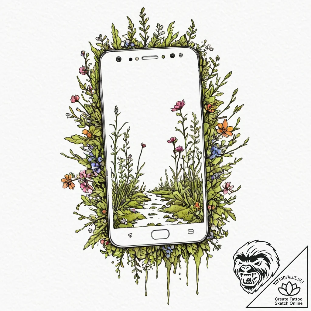 Tattoo sketch, cracked smartphone, blooming n... - tattoo sketch (№1752359244_0, 12.07.2025 22:27) — tattoovalue.net