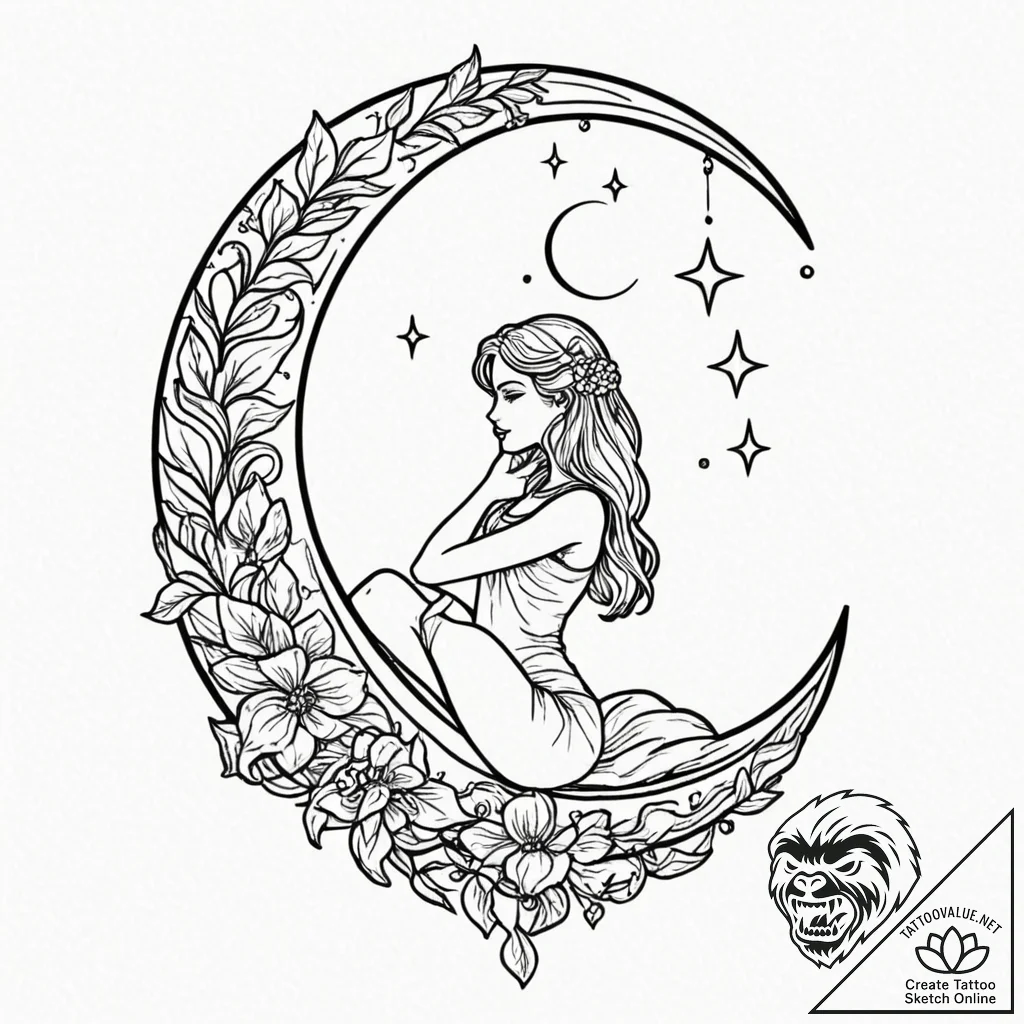 Tattoo sketch, young moon, cybernetic cradle,... - tattoo sketch (№1752359330_0, 12.07.2025 22:28) — tattoovalue.net