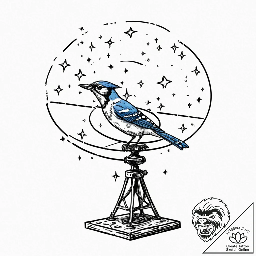 Tattoo sketch, blue jay perched on a rusted,... - tattoo sketch (№1752360465_0, 12.07.2025 22:47) — tattoovalue.net