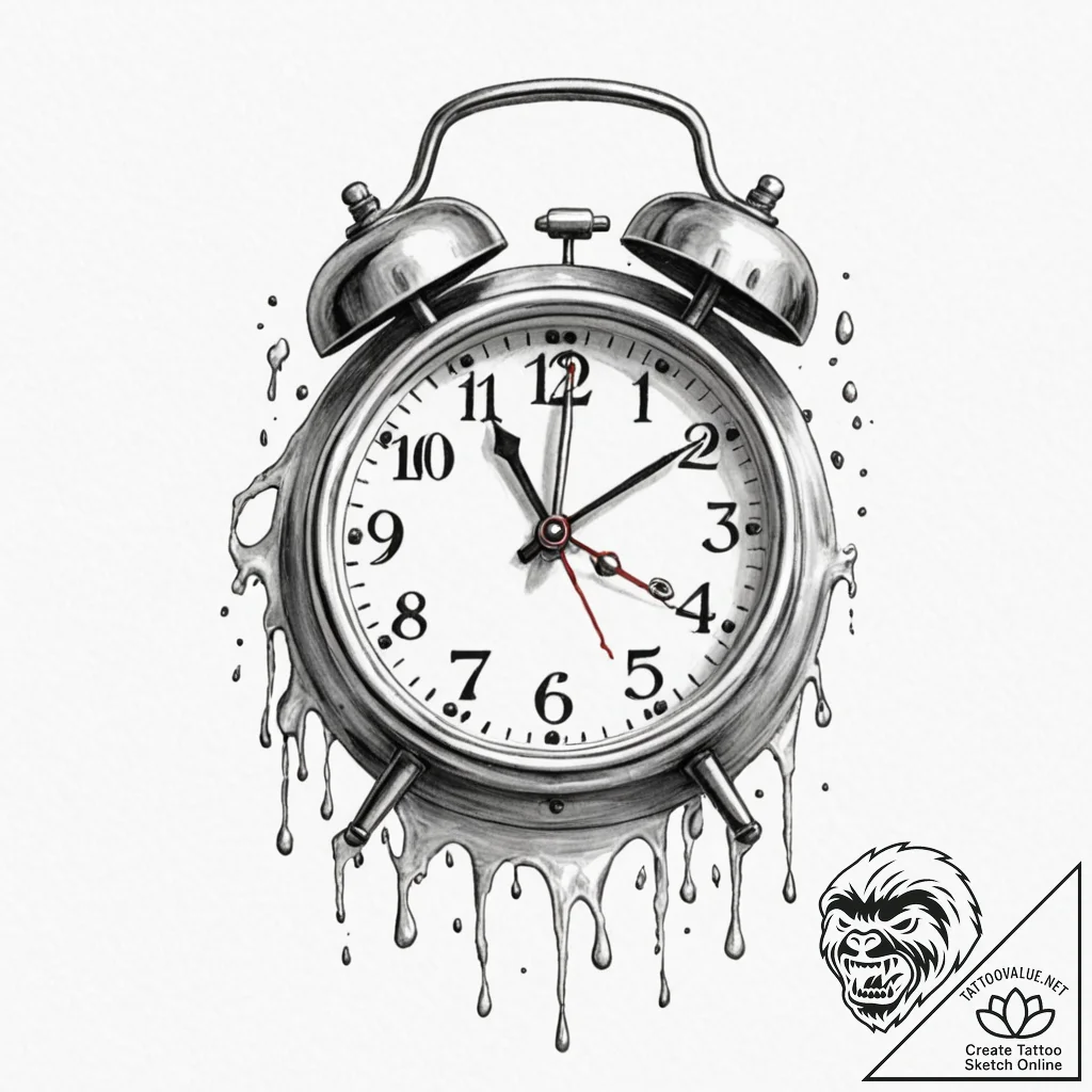 Tattoo sketch, an alarm clock melting, with n... - tattoo sketch (№1752362106_0, 12.07.2025 23:15) — tattoovalue.net