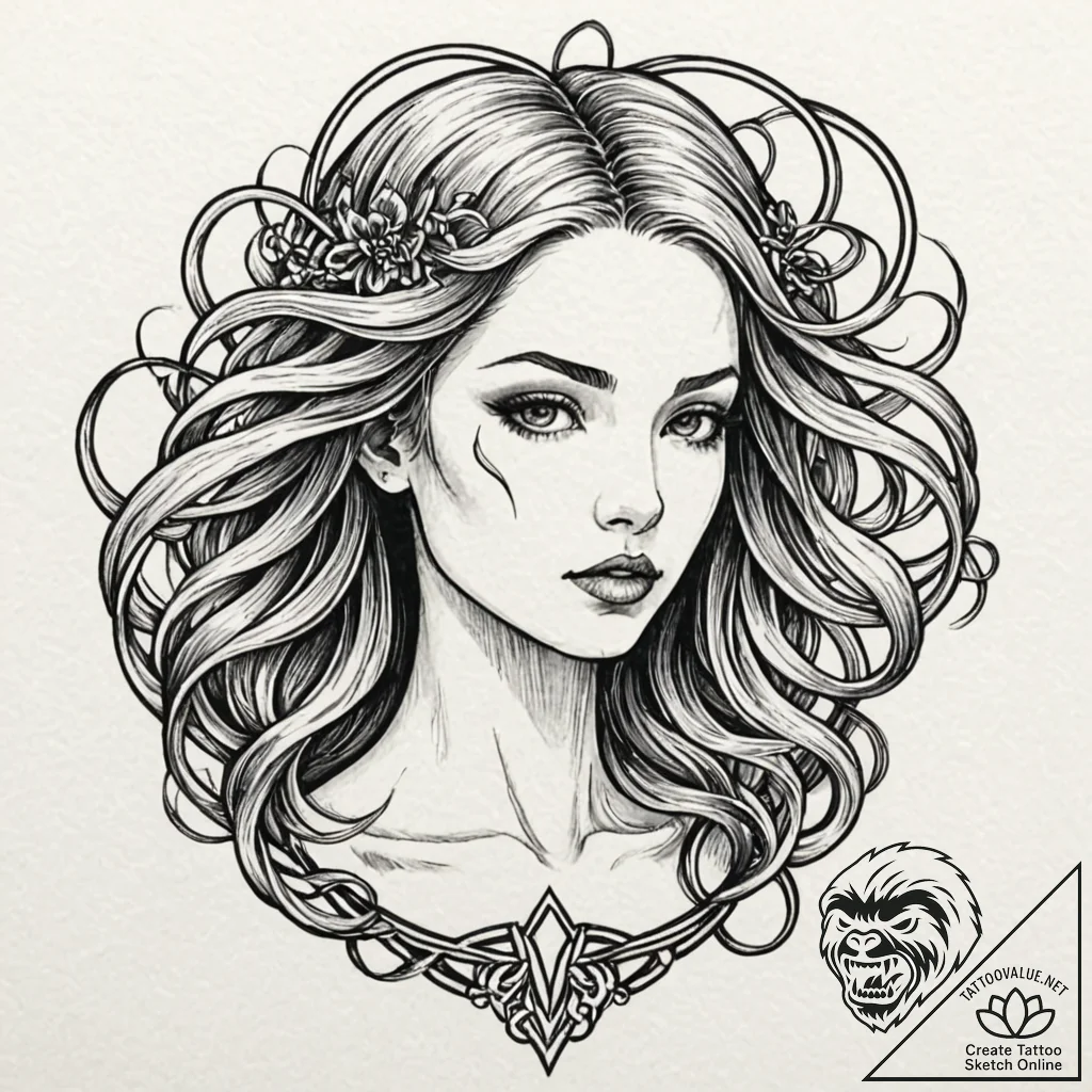 Tattoo sketch, an art nouveau android with fl... - tattoo sketch (№1752362436_0, 12.07.2025 23:20) — tattoovalue.net