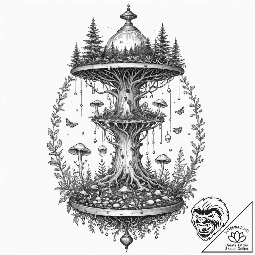 Tattoo sketch, bell jar containing a tiny, se... - tattoo sketch (№1752362990_0, 12.07.2025 23:29) — tattoovalue.net