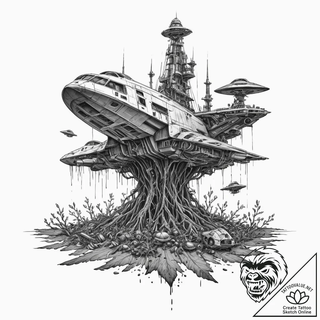 Tattoo sketch, wreckage of worlds, new life b... - tattoo sketch (№1752363075_0, 12.07.2025 23:31) — tattoovalue.net