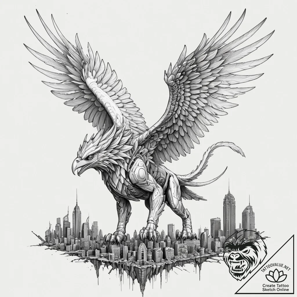 Tattoo sketch, guardian gryphon, cybernetic w... - tattoo sketch (№1752363163_0, 12.07.2025 23:32) — tattoovalue.net