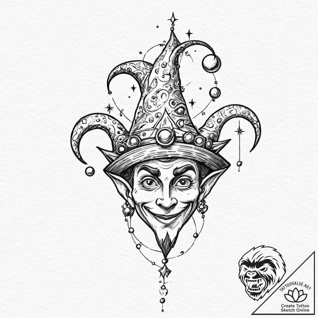 Tattoo sketch, jester's cosmic gaze, a whimsi... - tattoo sketch (№1752363243_0, 12.07.2025 23:34) — tattoovalue.net