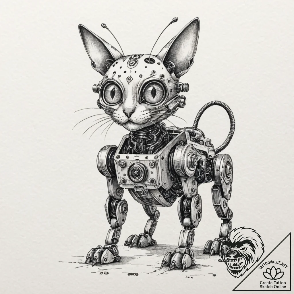Tattoo sketch, upcycled robot pet, a small, c... - tattoo sketch (№1752363327_0, 12.07.2025 23:35) — tattoovalue.net