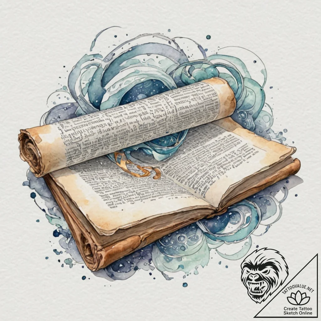 Tattoo sketch, unfurling wisdom scroll (holog... - tattoo sketch (№1752363918_0, 12.07.2025 23:45) — tattoovalue.net