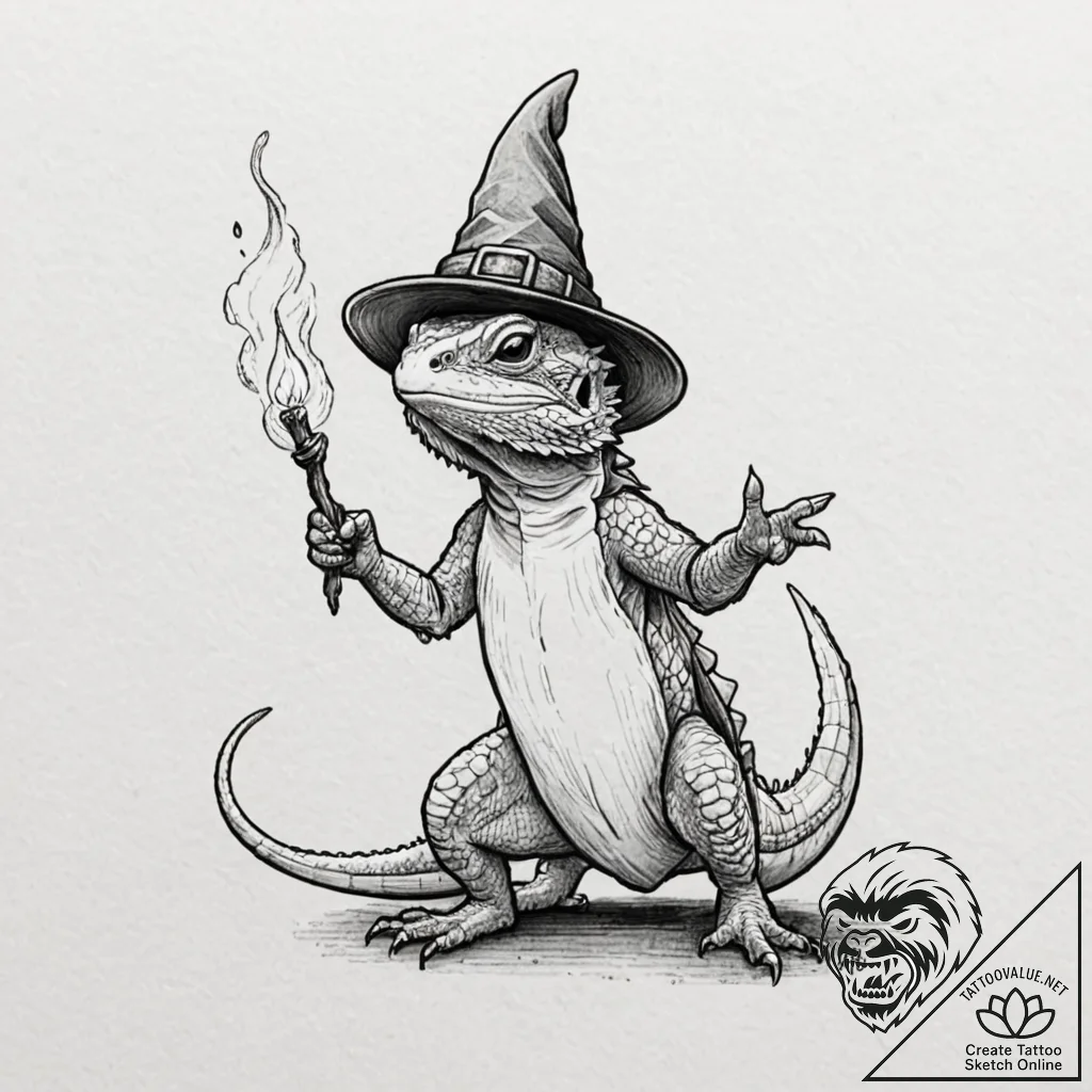 Tattoo sketch, bearded dragon wearing a tiny... - tattoo sketch (№1752364341_0, 12.07.2025 23:52) — tattoovalue.net