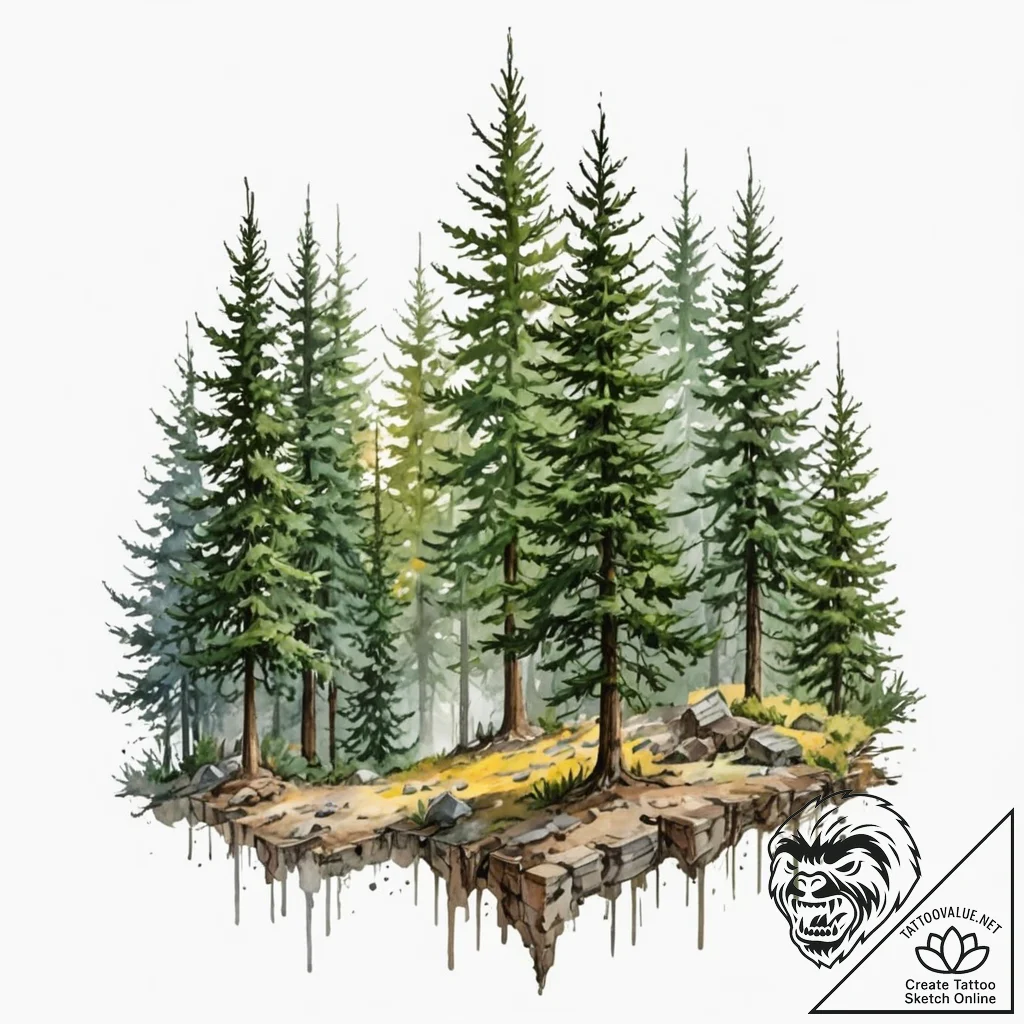 Tattoo sketch, pixelated pine forest, a seren... - tattoo sketch (№1752365021_0, 13.07.2025 00:03) — tattoovalue.net