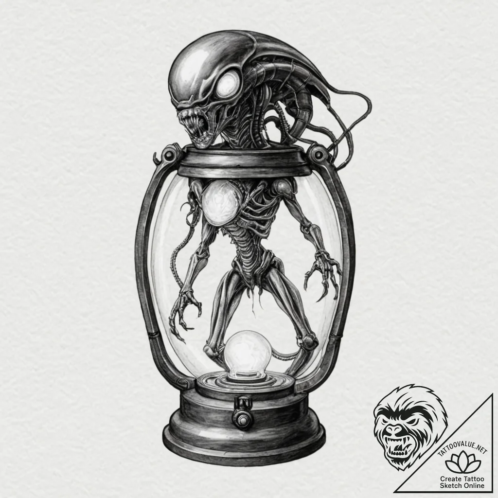 Tattoo sketch, xenomorphic lantern, guiding l... - tattoo sketch (№1752366623_0, 13.07.2025 00:30) — tattoovalue.net