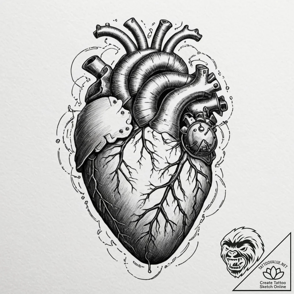 Tattoo sketch, an anatomical heart with a clo... - tattoo sketch (№1752368468_0, 13.07.2025 01:01) — tattoovalue.net