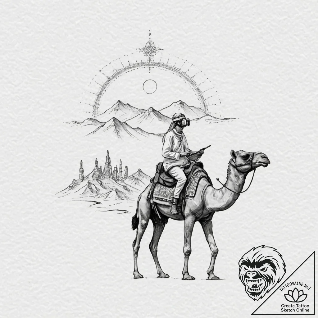 Tattoo sketch, desert nomad in vr, a lone fig... - tattoo sketch (№1752369226_0, 13.07.2025 01:13) — tattoovalue.net