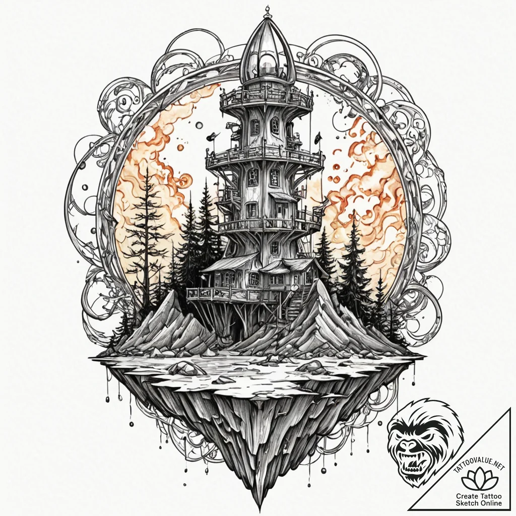 Tattoo sketch, outpost on the edge of reality... - tattoo sketch (№1752369310_0, 13.07.2025 01:15) — tattoovalue.net