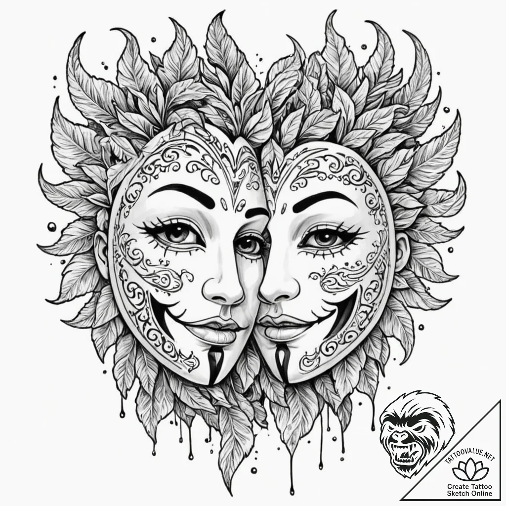 Tattoo sketch, dual personality mask, a singl... - tattoo sketch (№1752370185_0, 13.07.2025 01:29) — tattoovalue.net
