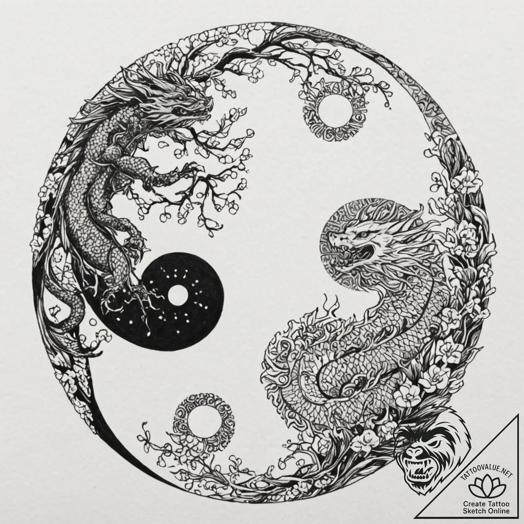 Tattoo sketch, yin-yang of code and nature, a... - tattoo sketch (№1752371606_0, 13.07.2025 01:53) — tattoovalue.net