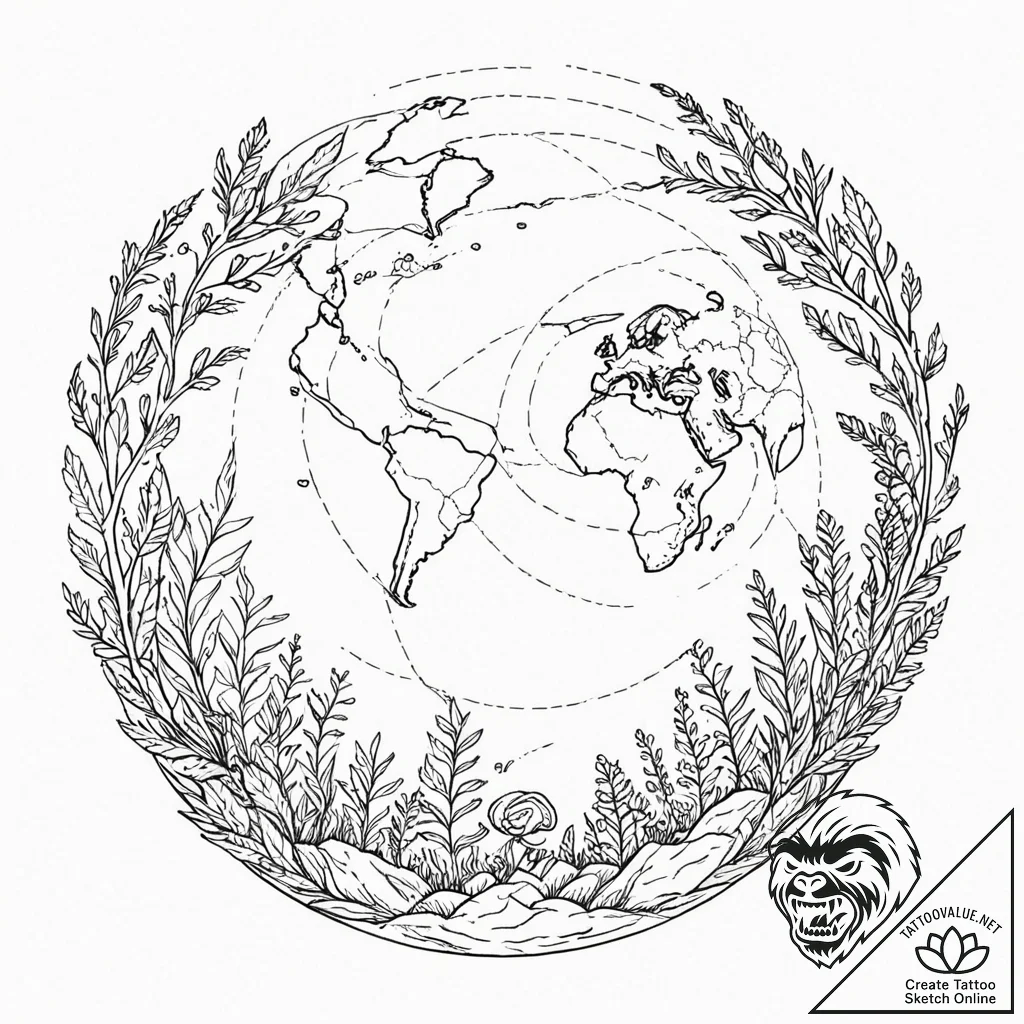 Tattoo sketch, evolving ecosystem globe, a tr... - tattoo sketch (№1752372117_0, 13.07.2025 02:01) — tattoovalue.net