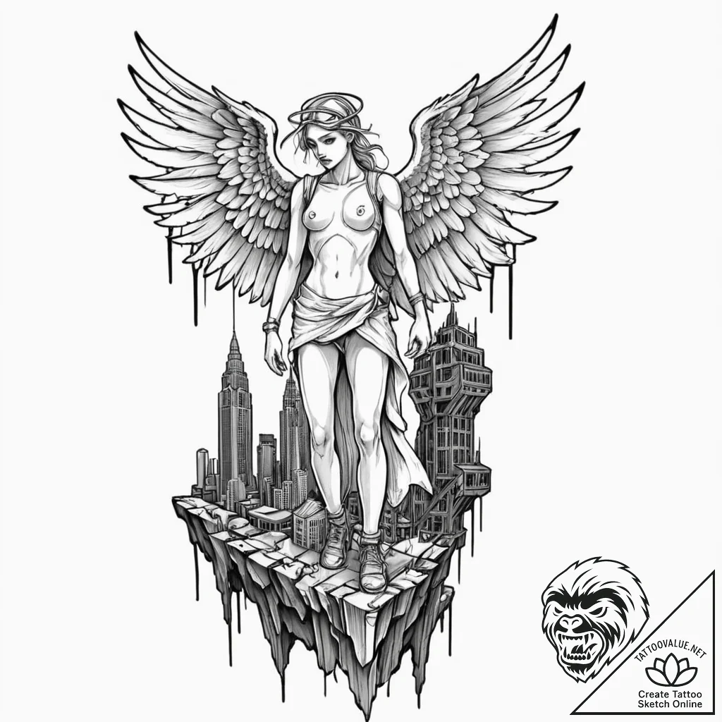 Tattoo sketch, apocalyptic angel with broken... - tattoo sketch (№1752372287_0, 13.07.2025 02:04) — tattoovalue.net