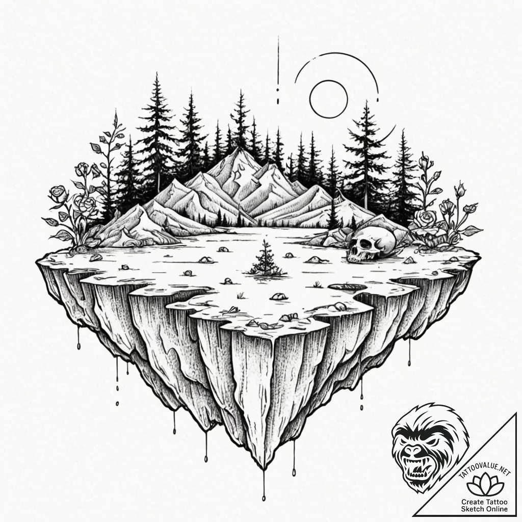 Tattoo sketch, floating island of memories, a... - tattoo sketch (№1752373428_0, 13.07.2025 02:23) — tattoovalue.net