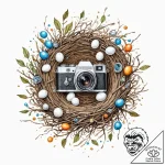 Tattoo sketch, bird’s nest made of old camera… – tattoo sketch (№1752373845_0, 13.07.2025 02:30) — tattoovalue.net