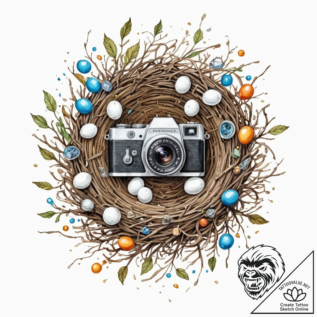 Tattoo sketch, bird's nest made of old camera... - tattoo sketch (№1752373845_0, 13.07.2025 02:30) — tattoovalue.net