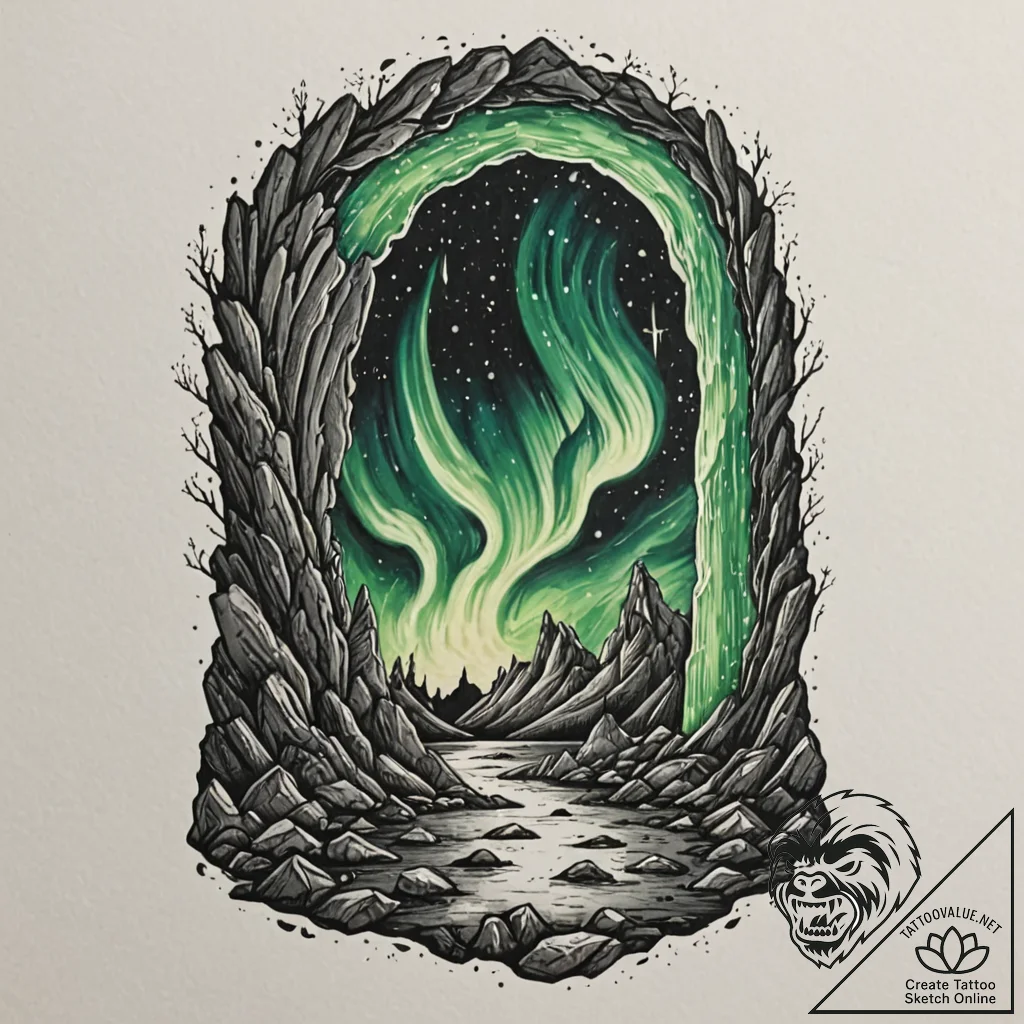 Tattoo sketch, mystical gateway, northern lig... - tattoo sketch (№1752374858_0, 13.07.2025 02:47) — tattoovalue.net