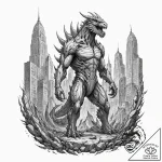 Tattoo sketch, kaiju cityscape guardian, a ma… – tattoo sketch (№1752375113_0, 13.07.2025 02:51) — tattoovalue.net