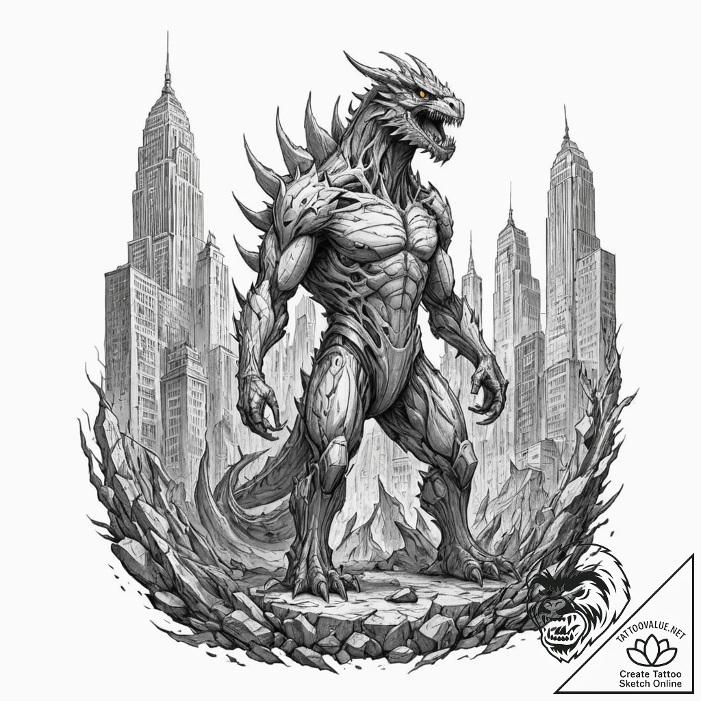 Tattoo sketch, kaiju cityscape guardian, a ma... - tattoo sketch (№1752375113_0, 13.07.2025 02:51) — tattoovalue.net