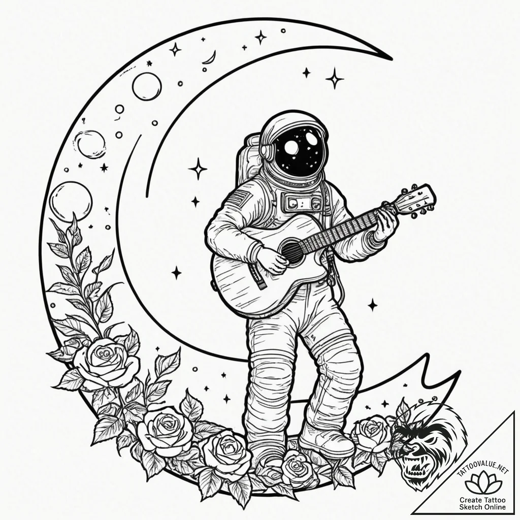 Tattoo sketch, astronaut playing an acoustic... - tattoo sketch (№1752375280_0, 13.07.2025 02:54) — tattoovalue.net
