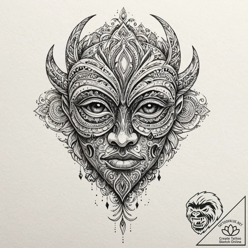 Tattoo sketch, tribal mask, holographic eyes,... - tattoo sketch (№1752376043_0, 13.07.2025 03:07) — tattoovalue.net