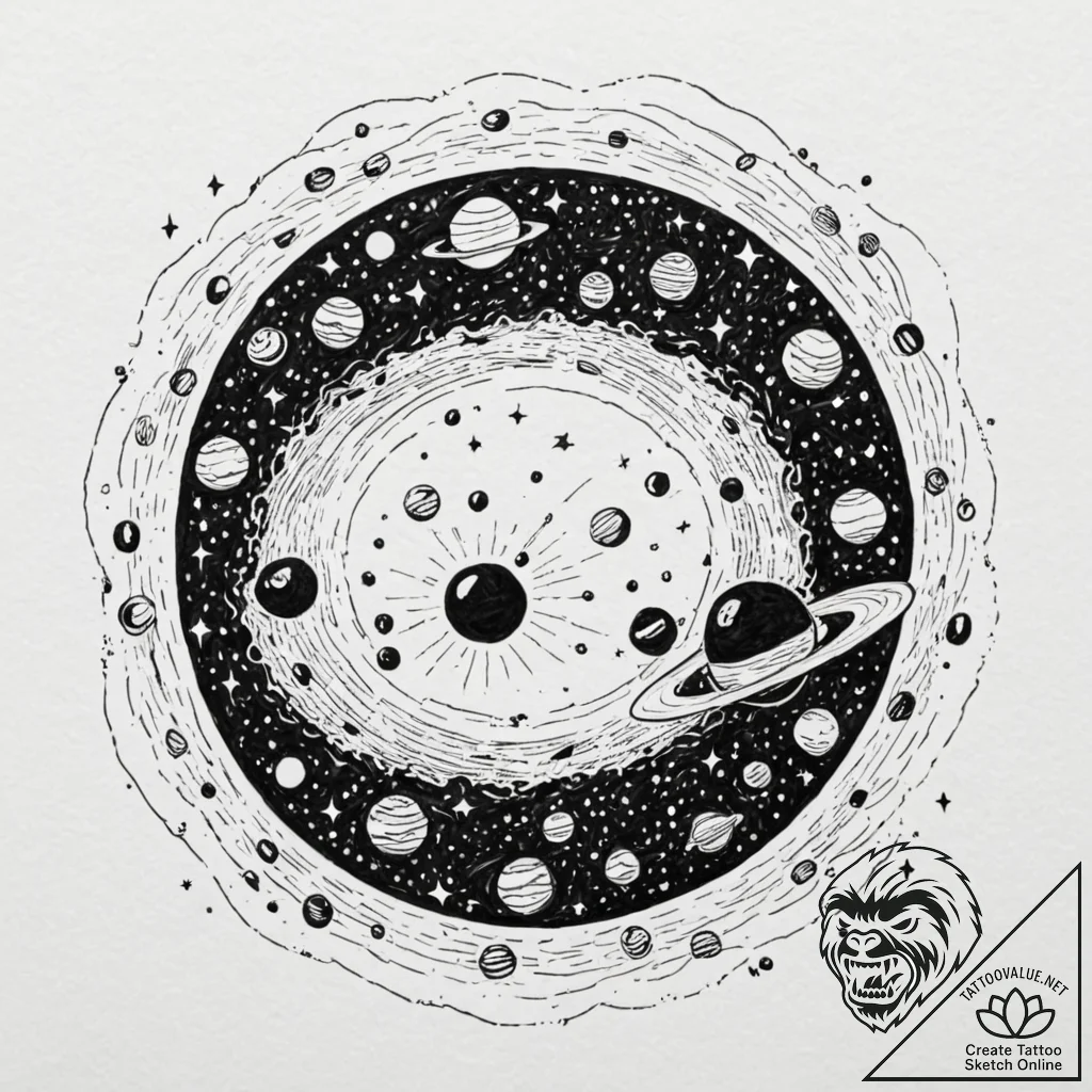 Tattoo sketch, hungry black hole, cosmic feas... - tattoo sketch (№1752376633_0, 13.07.2025 03:17) — tattoovalue.net