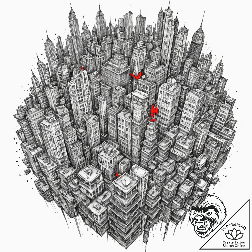Tattoo sketch, recursive cityscape, a bustlin... - tattoo sketch (№1752377648_0, 13.07.2025 03:34) — tattoovalue.net