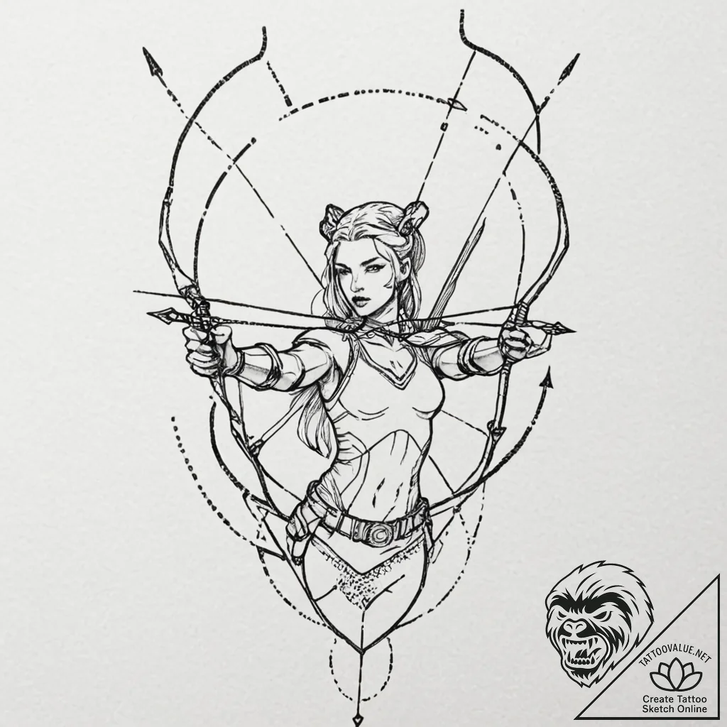 Tattoo sketch, artemis with a cyberpunk bow a... - tattoo sketch (№1752378324_0, 13.07.2025 03:45) — tattoovalue.net