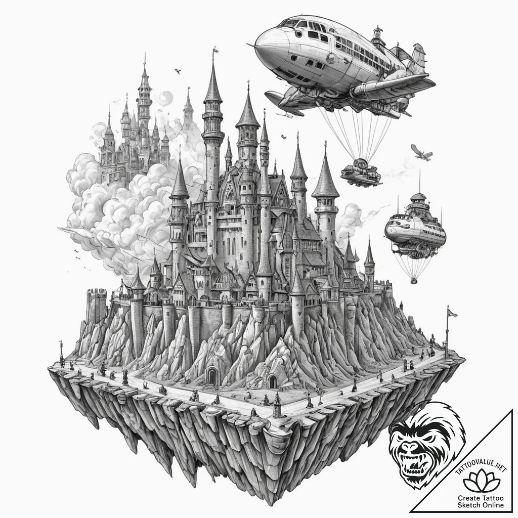 Tattoo sketch, flying fortress of dreams, a m... - tattoo sketch (№1752378836_0, 13.07.2025 03:53) — tattoovalue.net