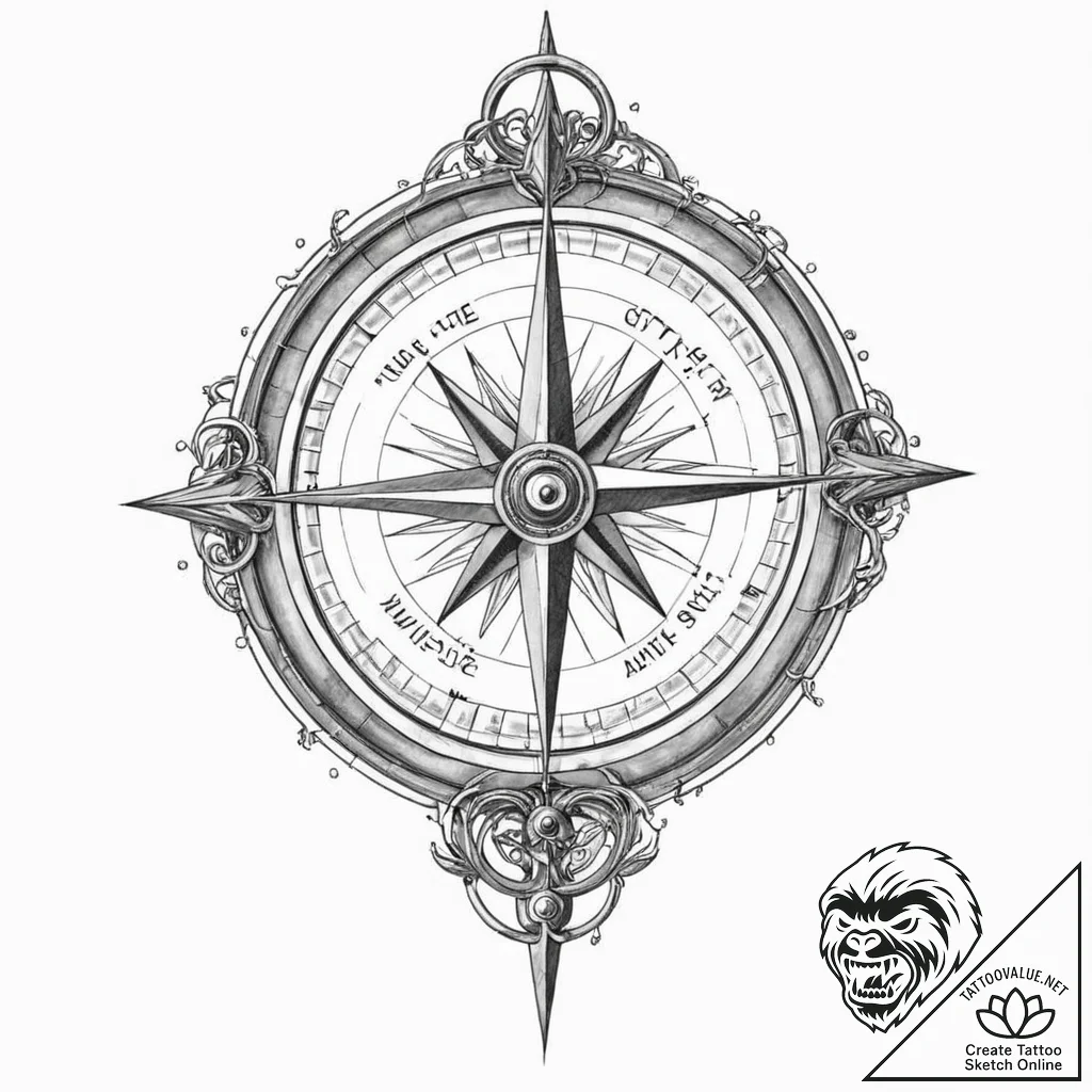 Tattoo sketch, antique compass pointing towar... - tattoo sketch (№1752379345_0, 13.07.2025 04:02) — tattoovalue.net