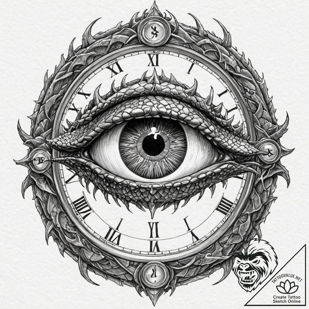 Tattoo sketch, dragon's eye timepiece, a fier... - tattoo sketch (№1752379428_0, 13.07.2025 04:03) — tattoovalue.net