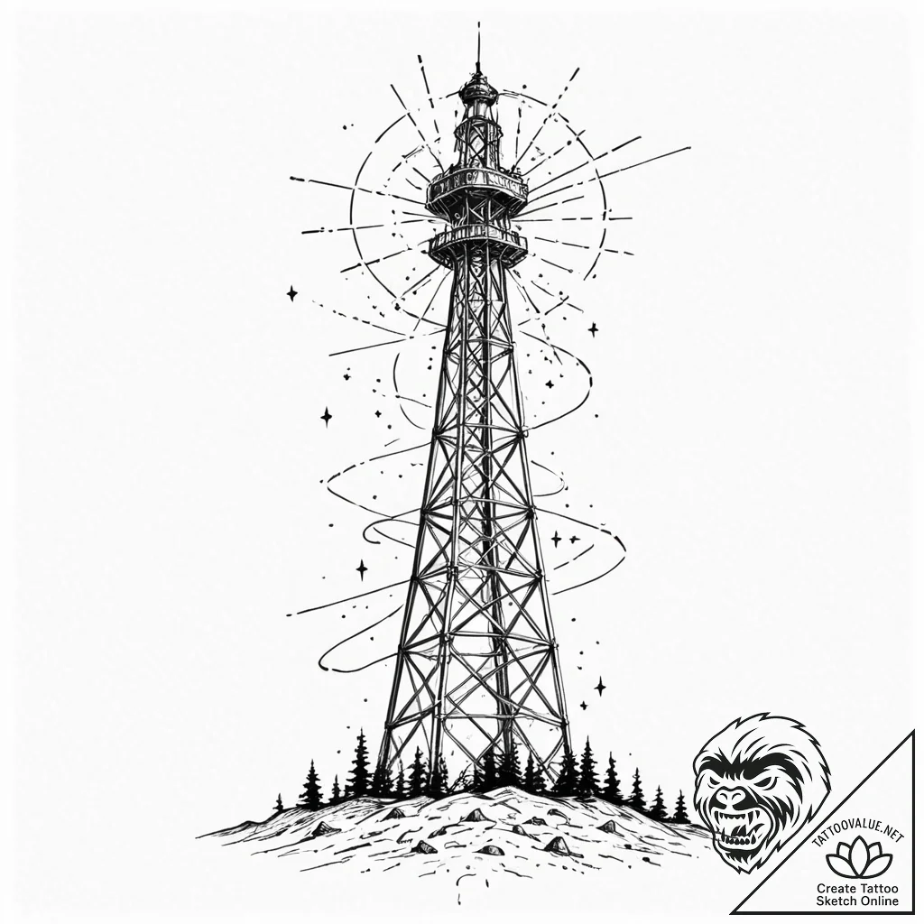 Tattoo sketch, transcendent transmitter tower... - tattoo sketch (№1752379683_0, 13.07.2025 04:08) — tattoovalue.net