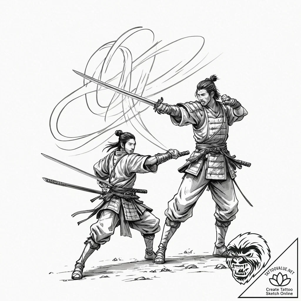 Tattoo sketch, dueling digital samurai, two s... - tattoo sketch (№1752381291_0, 13.07.2025 04:34) — tattoovalue.net