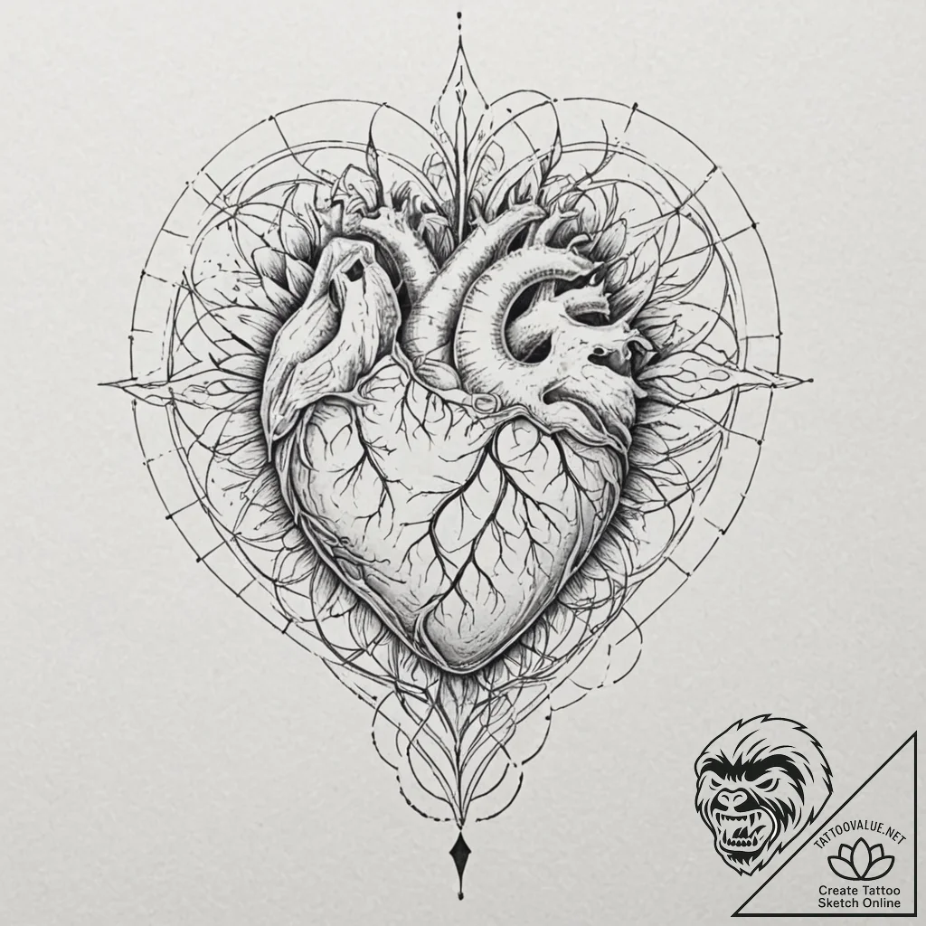 Tattoo sketch, radiant heart, branching pathw... - tattoo sketch (№1752381631_0, 13.07.2025 04:40) — tattoovalue.net