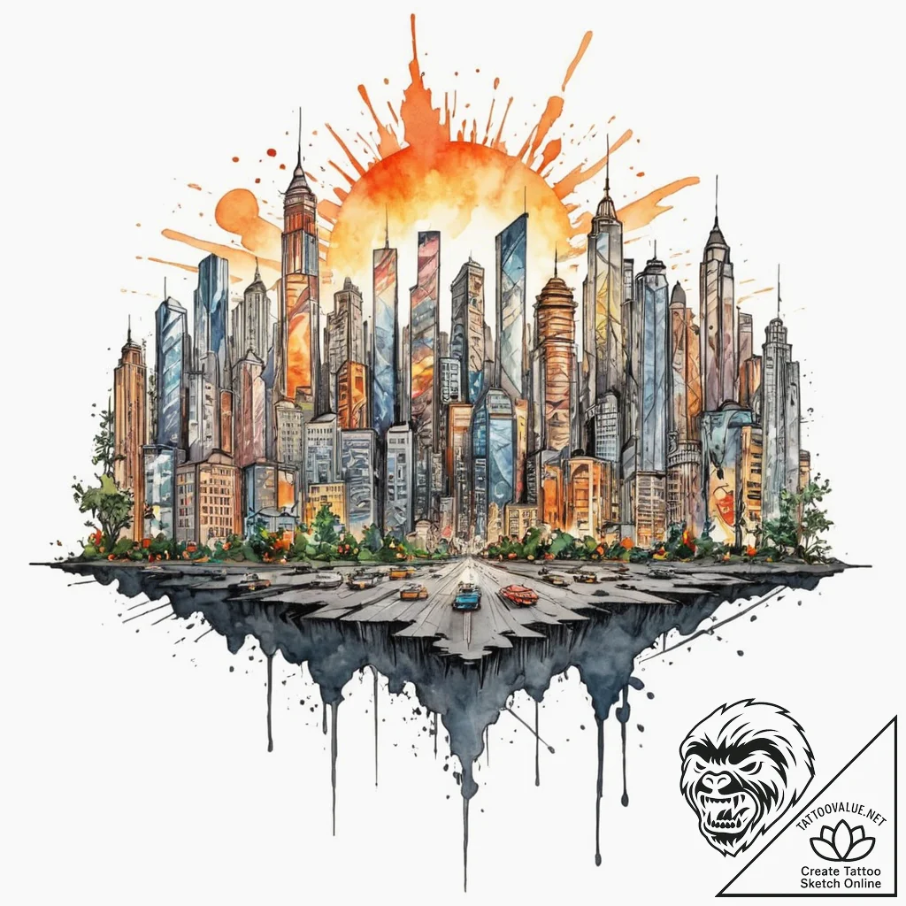 Tattoo sketch, eternal sunset over glitch cit... - tattoo sketch (№1752381887_0, 13.07.2025 04:44) — tattoovalue.net